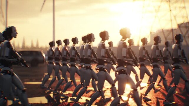 Armed Robots March in Formation Near Data Center, AI Uprising and Autonomous Machine Army Concept.