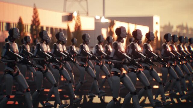 Armed Robots March in Formation Near Data Center, AI Uprising and Autonomous Machine Army Concept.
