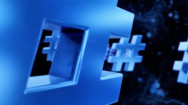 A digital artwork featuring a cluster of shiny, blue 3D hashtag symbols against a dark, starry background