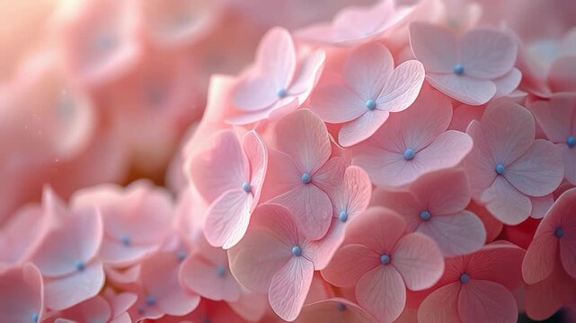Closeup of delicate pink hydrangea flowers in soft sunlight.