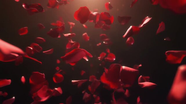 Cinematic Slow Motion Deep Red Rose Petals Falling and Swirling Through Dark Space