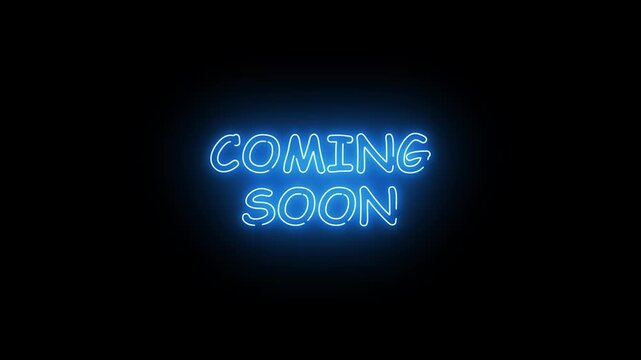 Coming soon animation text with glowing blue neon style, flickering and random glow on alpha channel transparent background