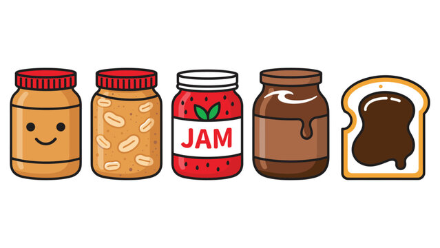 Peanut butter jars jam container chocolate spread and sliced bread for delicious breakfast.