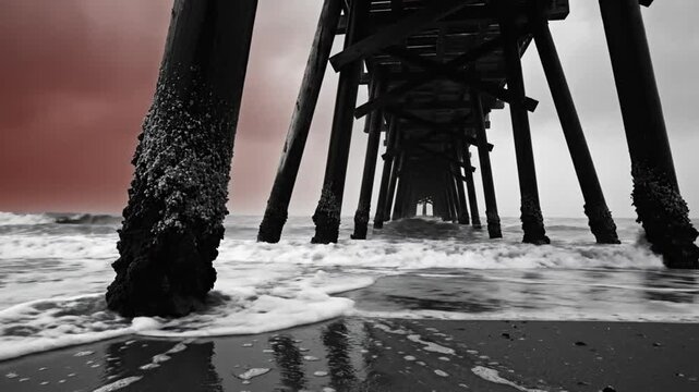 Low Angle Perspective of Wooden Pier at Beach with Black and White Tones and Dramatic Red Sky