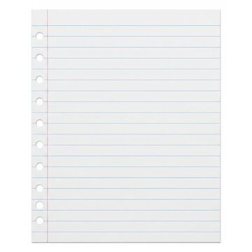 Sheet of lined notebook paper with holes isolated on white background