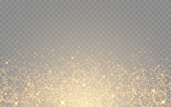 Gold glitter background with sparkling particles. Glowing bokeh lights. Elegant festive luxury backdrop for celebration, holiday or wedding. Premium design template. Vector illustration.