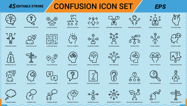 Confusion decision thinking line art icons set, question mark, confused person, decision making, mind mapping, problem solving, critical thinking, decision tree, mental confusion, brainstorm question,