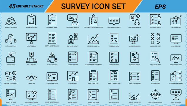 Survey questionnaire feedback line art icons set, customer feedback, market research, online survey, rating survey, data analysis, poll results, feedback form, opinion poll, star rating, Web icon, App