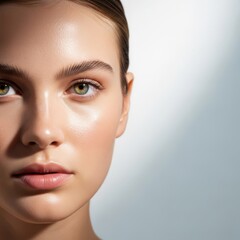 Fototapeta premium Close-up portrait featuring a luminous, dewy complexion with natural textures, soft lighting, neat hair, and a calm, clean aesthetic look, grooming, cream, beauty
