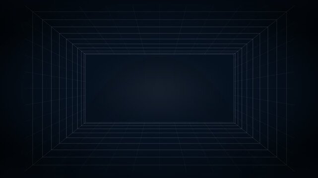 3D wireframe tunnel with dark blue grid lines, geometric perspective, futuristic design, technology concept