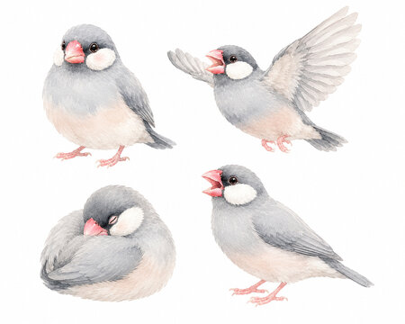 Cute Java Sparrow Watercolor Illustration｜文鳥のかわいい水彩イラスト素材