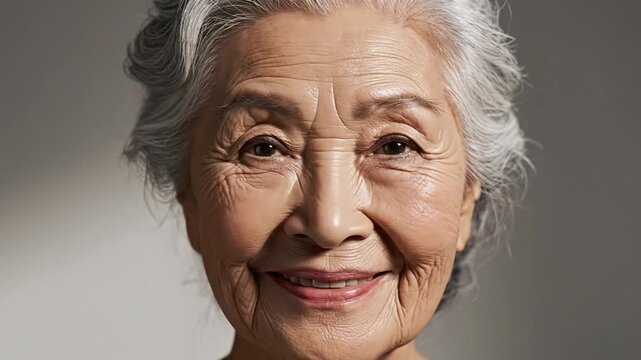 Close-up studio portrait of Asian woman with neutral expression