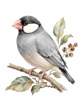 Cute Java Sparrow Watercolor Illustration｜文鳥のかわいい水彩イラスト素材