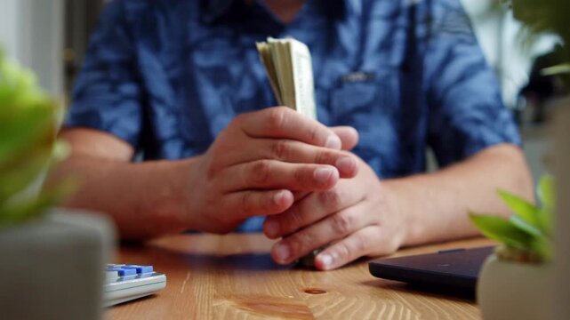 Hands shuffle through stacks of bills on a wooden table adorned with greenery, creating a warm atmosphere filled with focus and tranquility