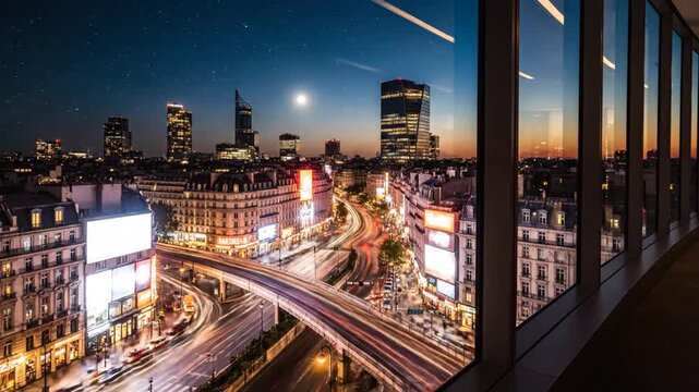 Paris cityscape at golden hour from modern building window