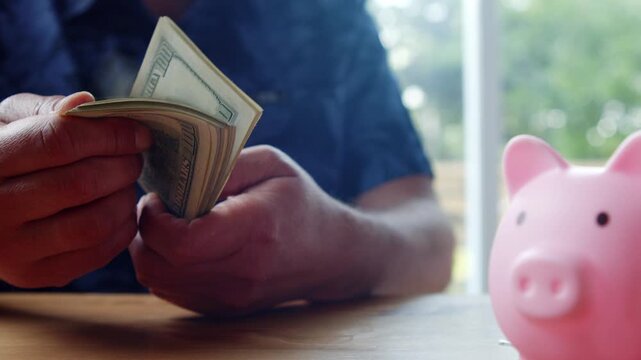 Hands skillfully sort through stacks of cash, while a cheerful pink piggy bank waits nearby in a tranquil sunlit room, symbolizing hopes and future savings