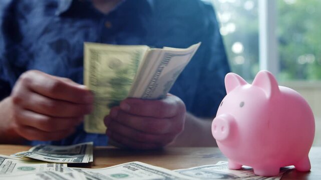 Hands carefully tally bills next to a cheerful pink piggy bank as sunlight filters in, inspiring thoughts of dreams and future investments