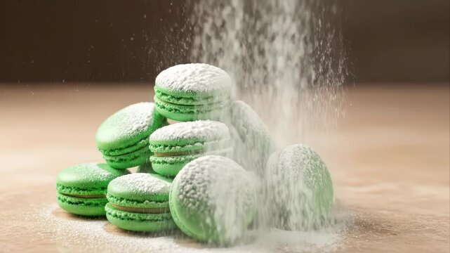Green Macarons with Powdered Sugar Topping