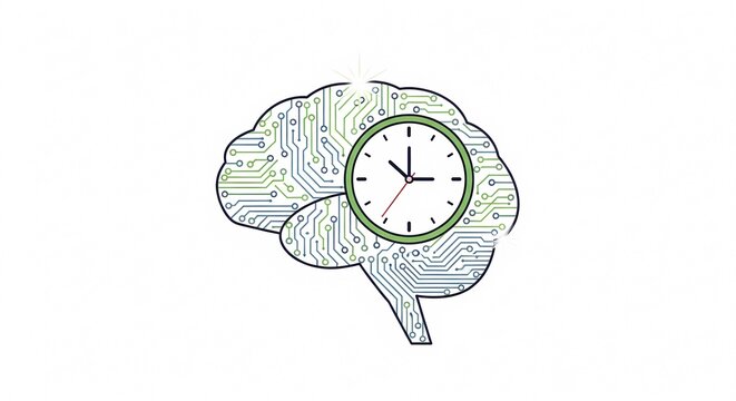 Conceptual Brain with Clock and Circuitry Illustrating Time and Intelligence.