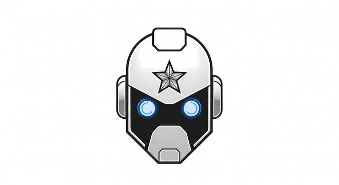Futuristic Robot Head with Glowing Blue Eyes and Star Emblem.