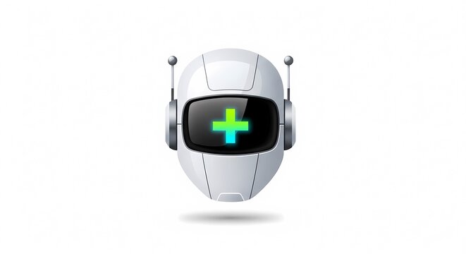 Futuristic Robot Head with Green Plus Symbol on Screen.