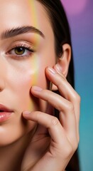 Fototapeta premium Elegant detail close up showing radiant skin and soft hand placement. Luminous glow enhances natural texture with a professional finish, high-key, shine, poreless