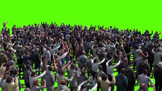 Large crowd of protesters isolated on green screen.