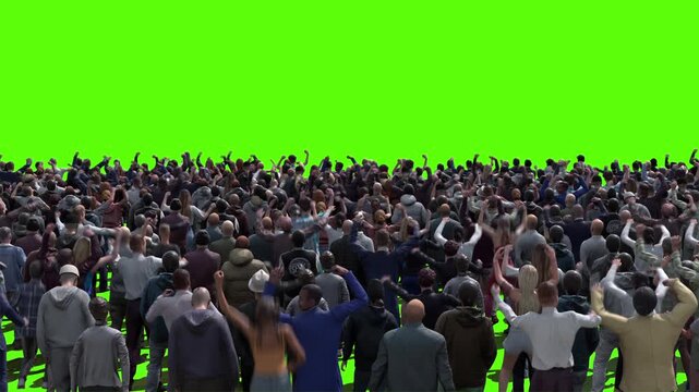 Large crowd of protesters isolated on green screen.