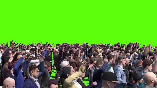 Large crowd of protesters isolated on green screen.