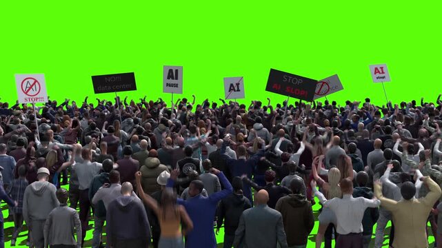 angry crowd protesting AI , anti-AI concept. Green screen isolate, Realistic 4k animation.