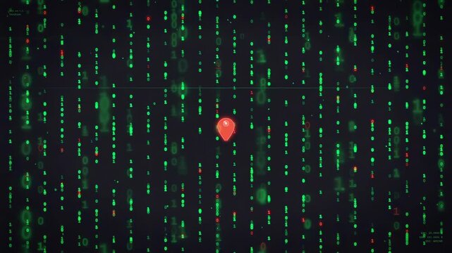 Digital binary code rain background with red location pin marker for cybersecurity and data tracking