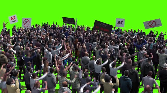 angry crowd protesting AI , anti-AI concept. Green screen isolate, Realistic 4k animation.