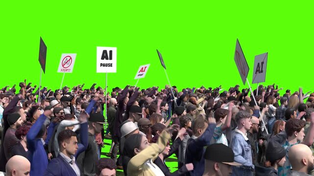 angry crowd protesting AI , anti-AI concept. Green screen isolate, Realistic 4k animation.