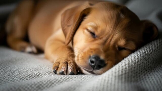 Adorable brown puppy sleeping peacefully on a soft blanket.