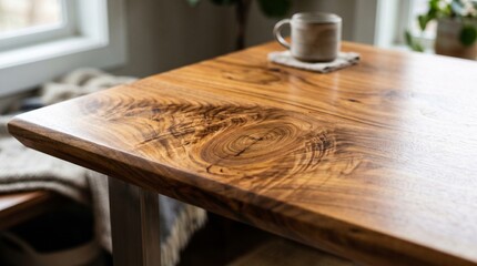 Obraz premium Polished wooden table surface featuring intricate natural grain and swirl patterns 