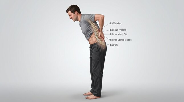 Man experiencing severe lower back pain with detailed anatomical spine labels
