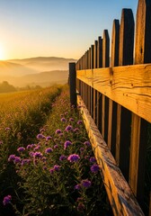 Obraz premium Golden sunlight bathes a weathered wooden fence and blooming wildflowers in a quiet meadow as soft mist rolls over distant rolling hills, fence, beauty, morning