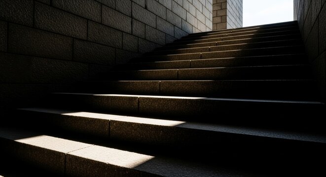 Harsh shadows stretch across stone steps in a desolate architectural landscape, evoking a sense of existential void and bleak hopelessness, dark, urban, steps