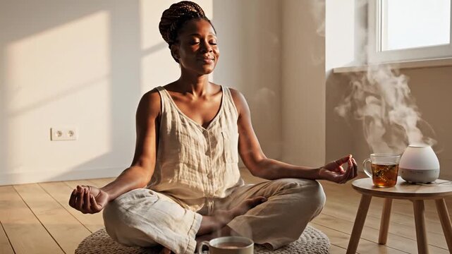 African American woman meditating at home with diffuser