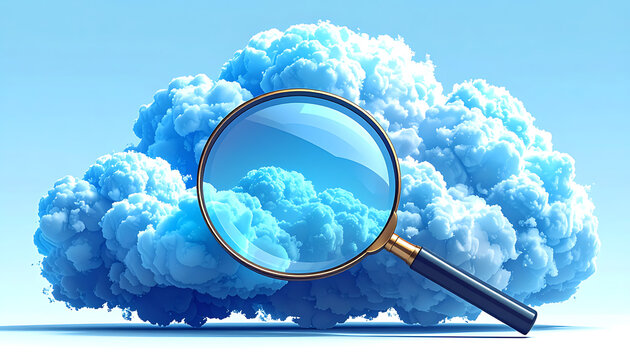 Magnifying glass examining a detailed fluffy cloud formation against a clear blue sky, representing cloud computing analysis or data inspection