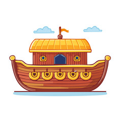 Obraz premium Cartoon wooden ship with yellow roof and flag