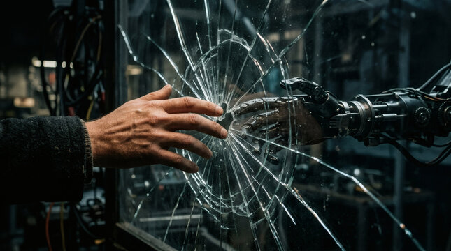 A conceptual image of a human hand reaching toward a cold robotic hand through cracked glass. The barrier creates a sense of failed connection, emotional distance, and mistrust between humans and AI.