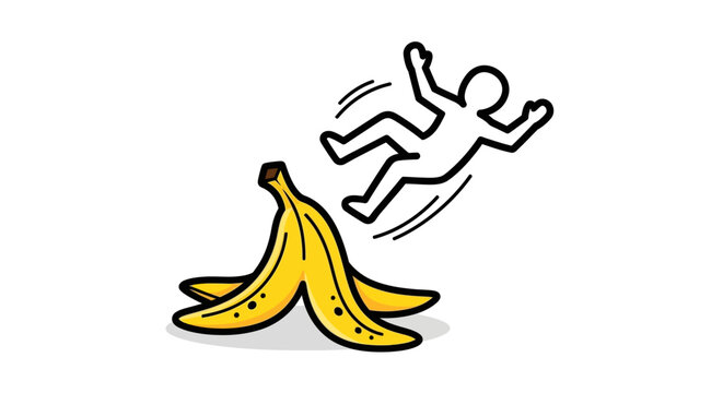 A stick figure slipping on a banana peel.