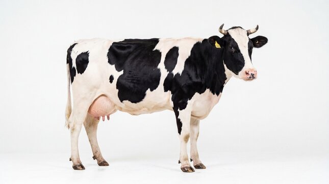 Black and white dairy cow standing on a farm