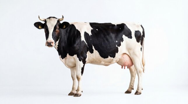 Black and white dairy cow standing in a studio