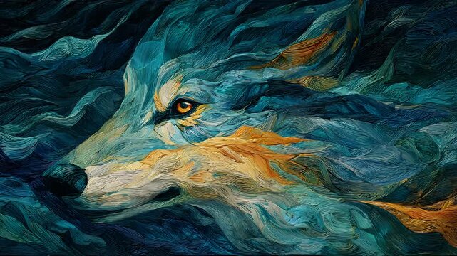 Abstract animated oil painting of a gray wolf profile blending into flowing teal and golden ocean wave textures with dynamic brushstrokes