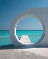 Fototapeta premium White structure frames ocean view, turquoise water, pier leads into azure sea