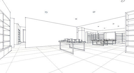 Architectural blueprint of a modern retail store interior design. © Dika