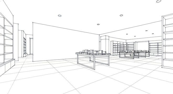 Architectural blueprint of a modern retail store interior design.
