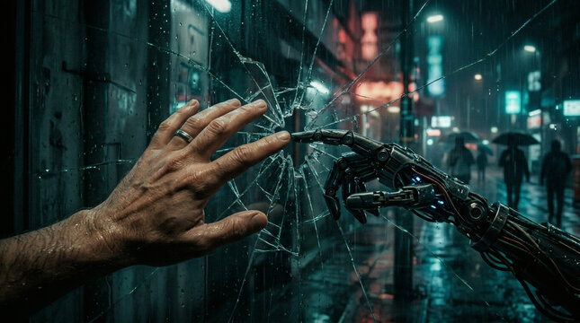 A conceptual image of a human hand reaching toward a cold robotic hand through cracked glass. The barrier creates a sense of failed connection, emotional distance, and mistrust between humans and AI.